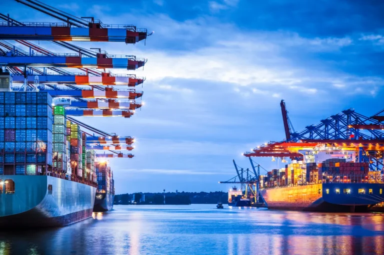 Container ship berthed at a port with gantry cranes
