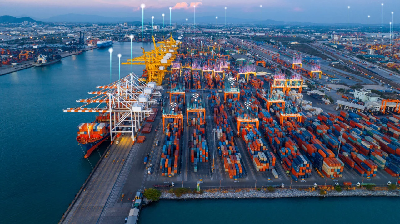 Aerial view of a container terminal and port operations
